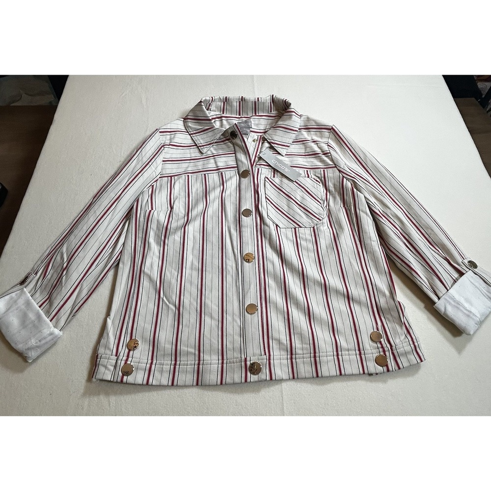 Chico's Woman's Ivory Jean Style Jacket Stripes Stretch Lined Sz 1 Gold Snap